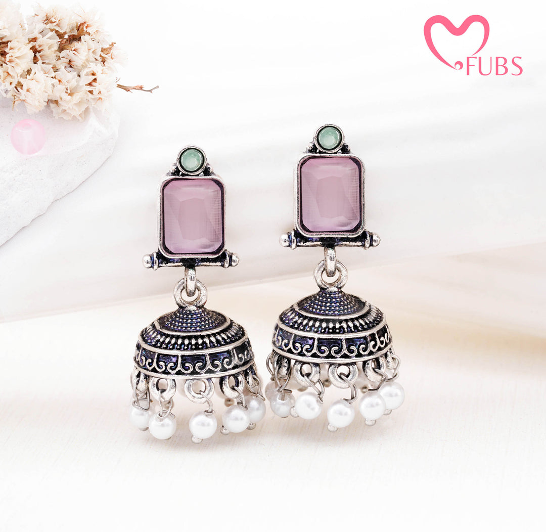 Rectangular Gemstone Jhumka Earrings with Pearls