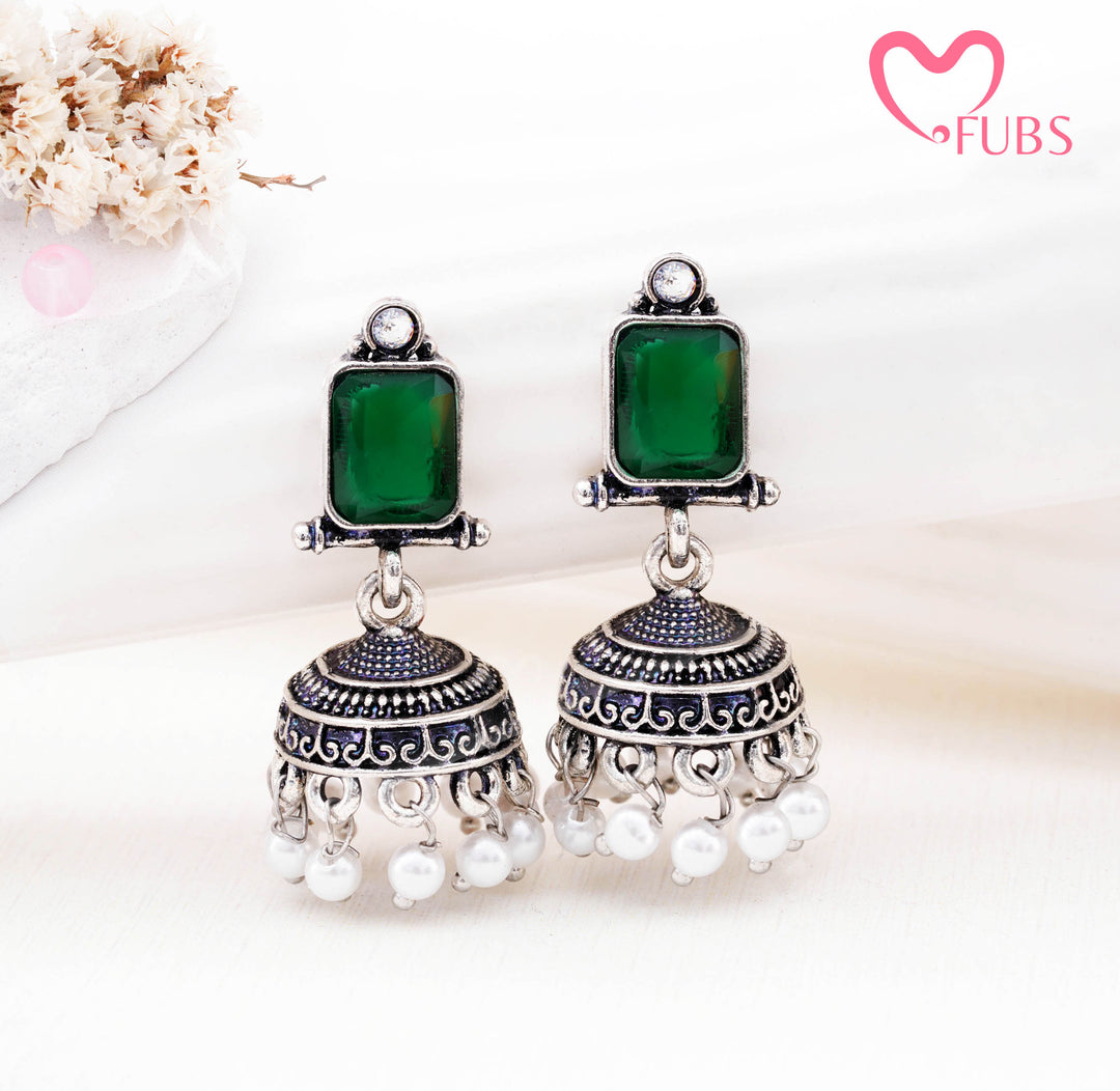 Rectangular Gemstone Jhumka Earrings with Pearls