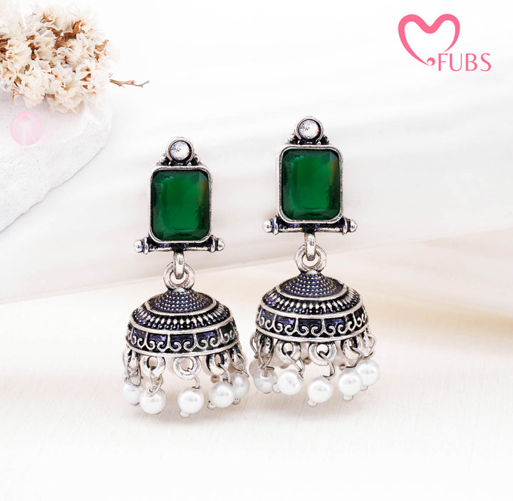 Rectangular Gemstone Jhumka Earrings with Pearls
