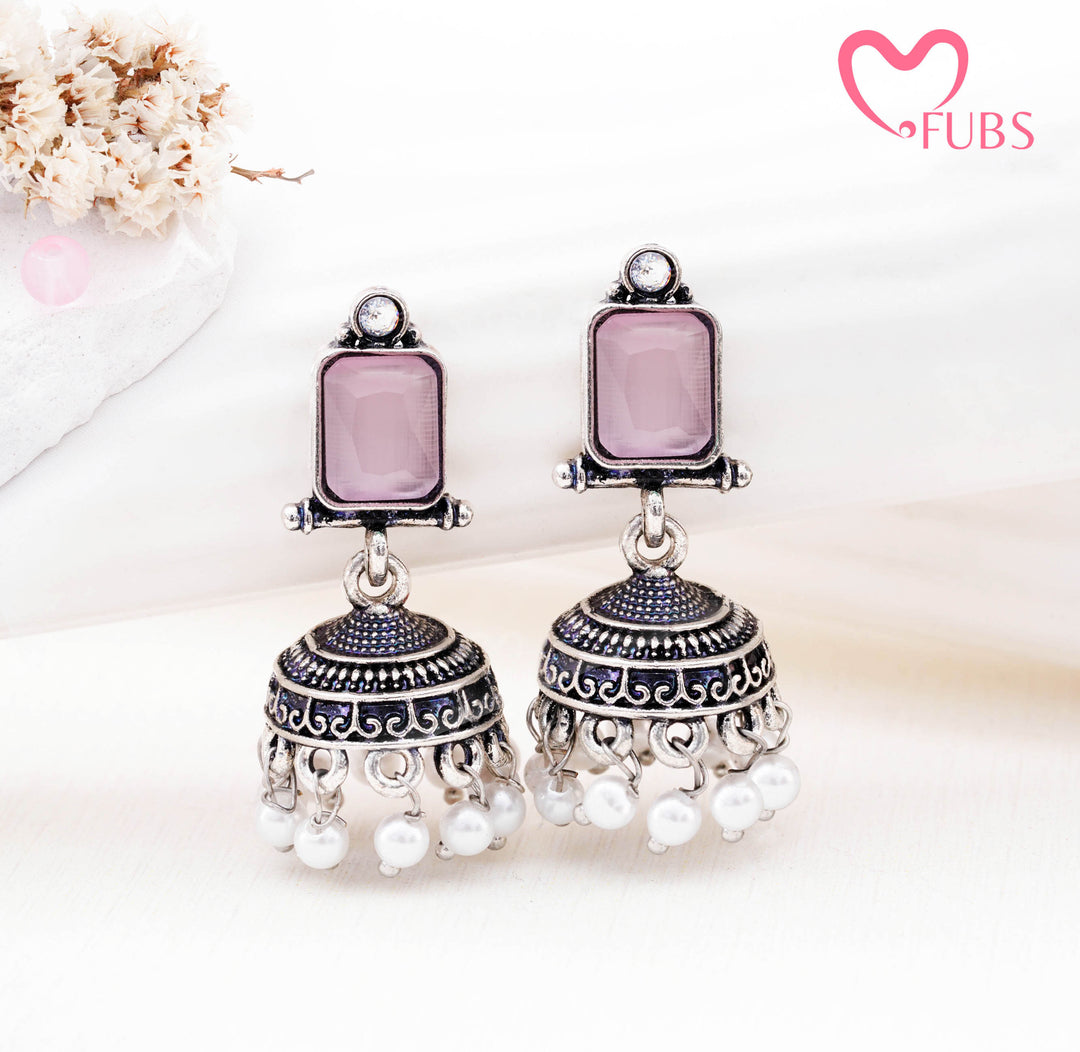 Rectangular Gemstone Jhumka Earrings with Pearls