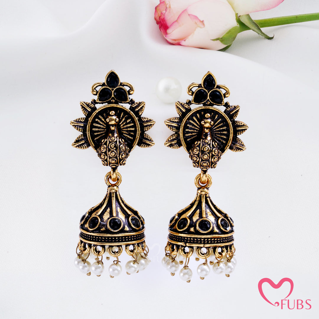 Sunburst Peacock Jhumka Earrings with Pearl Fringe Detail