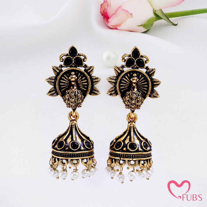 Sunburst Peacock Jhumka Earrings with Pearl Fringe Detail
