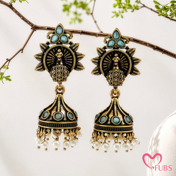 Sunburst Peacock Jhumka Earrings with Pearl Fringe Detail