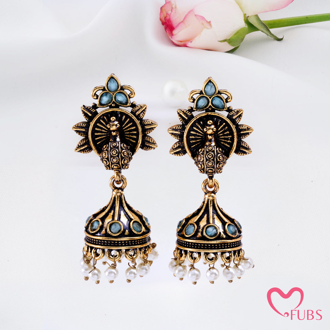 Sunburst Peacock Jhumka Earrings with Pearl Fringe Detail