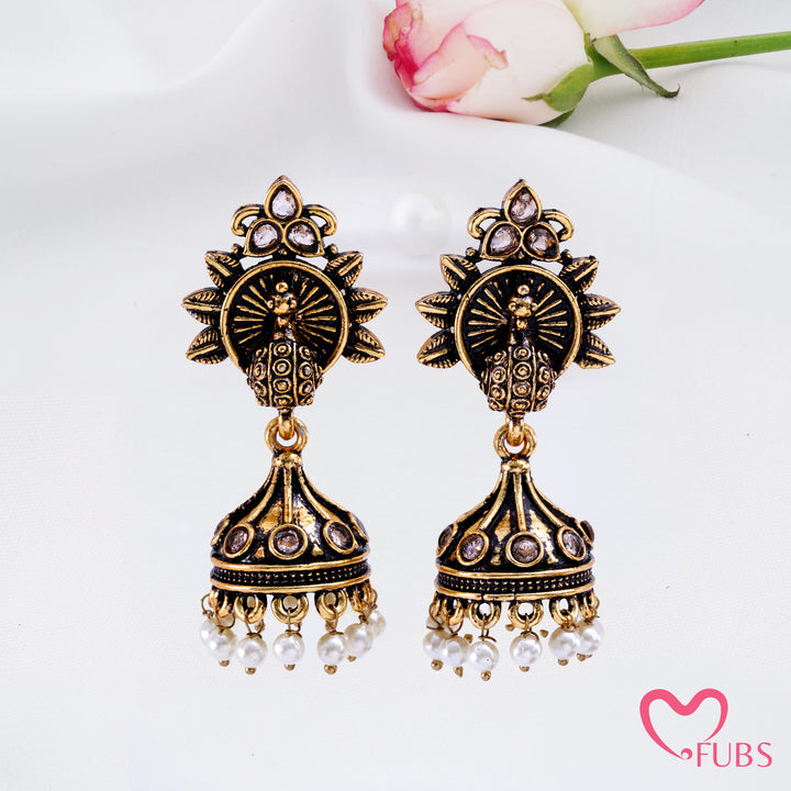 Sunburst Peacock Jhumka Earrings with Pearl Fringe Detail