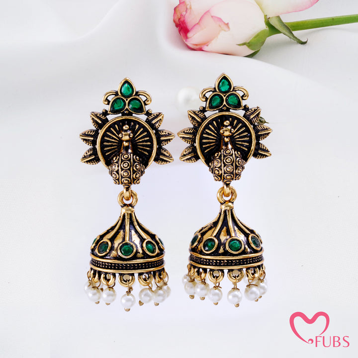 Sunburst Peacock Jhumka Earrings with Pearl Fringe Detail