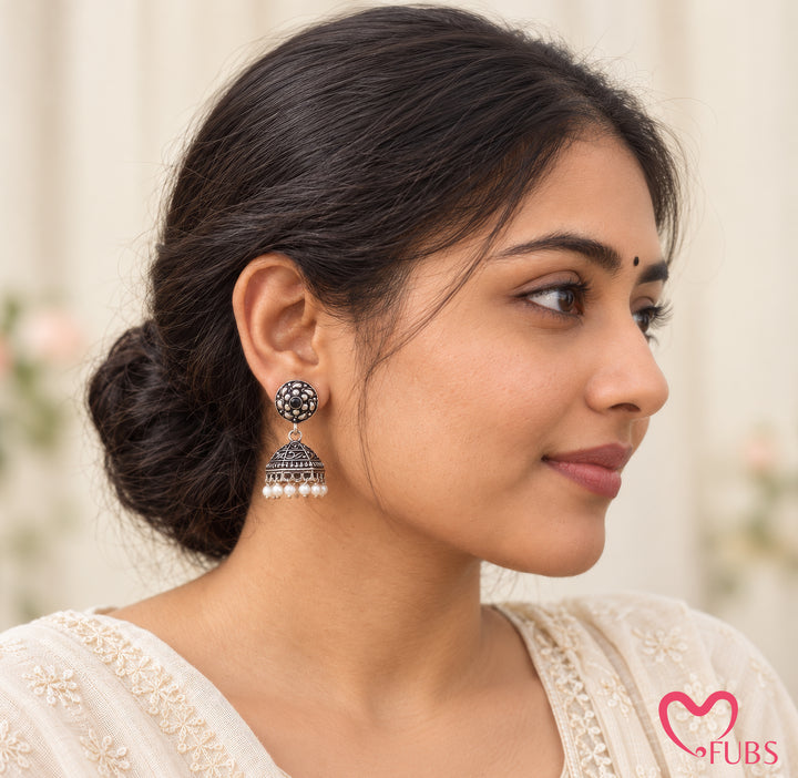 Oxidized Floral Jhumka Earrings With Pearls