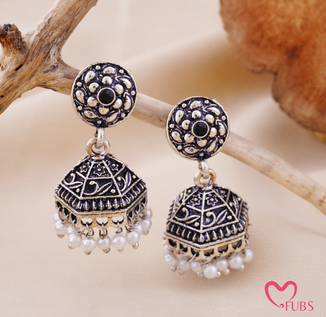 Oxidized Floral Jhumka Earrings With Pearls