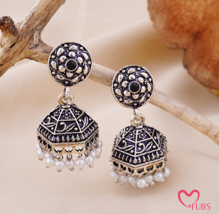 Oxidized Floral Jhumka Earrings With Pearls