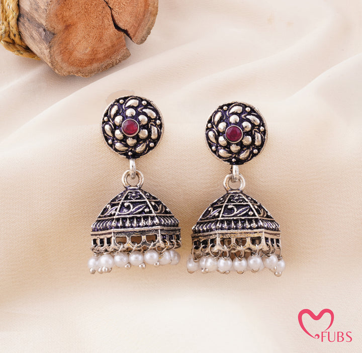 Oxidized Floral Jhumka Earrings With Pearls