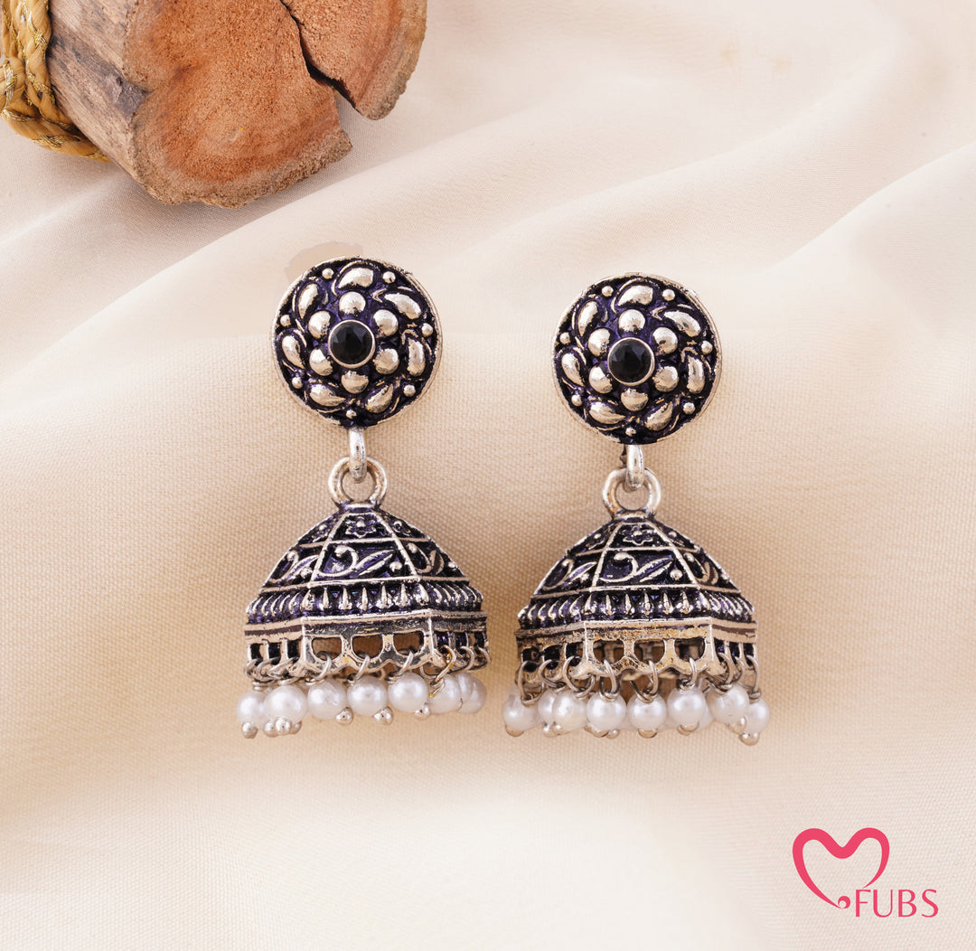 Oxidized Floral Jhumka Earrings With Pearls