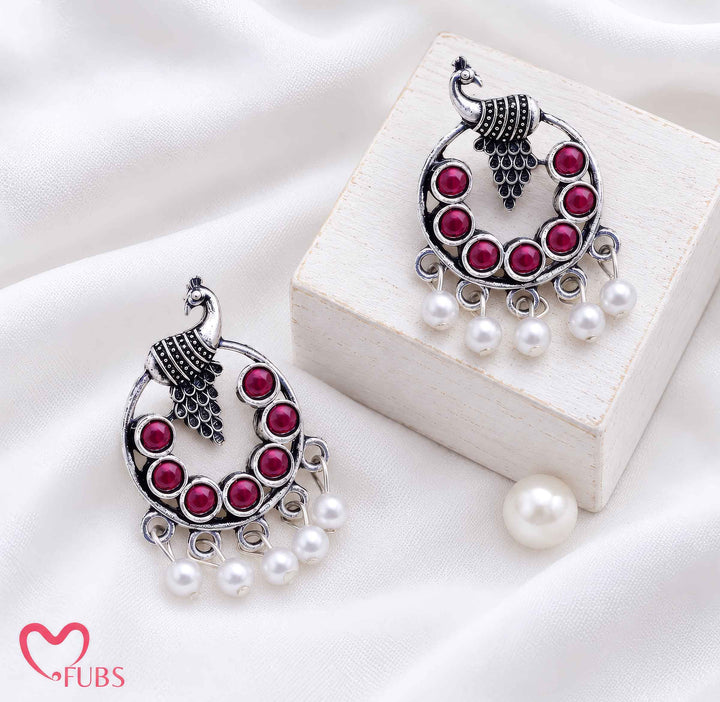 Dark Pink Peacock Chandbali Earrings With Pearls