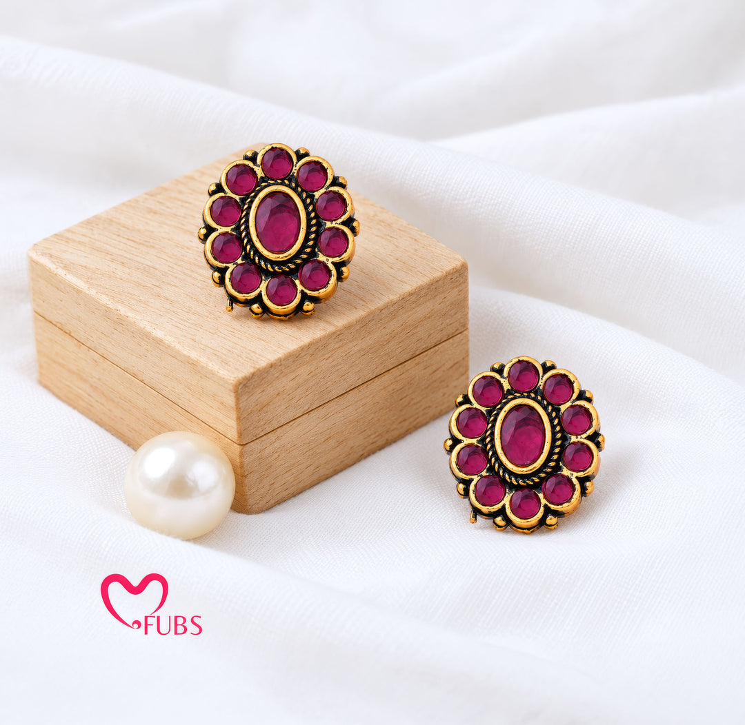Dark Pink Stone Floral Stud Earrings