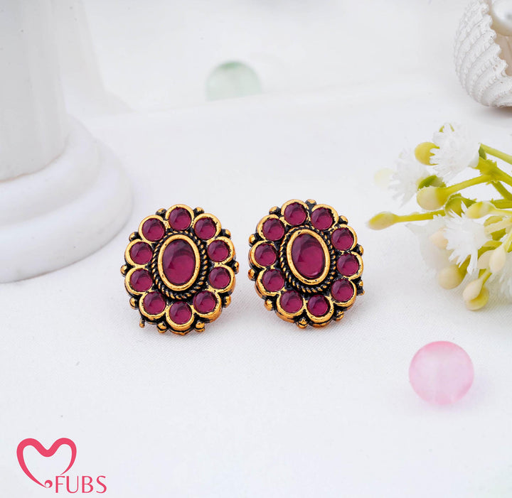 Dark Pink Stone Floral Stud Earrings