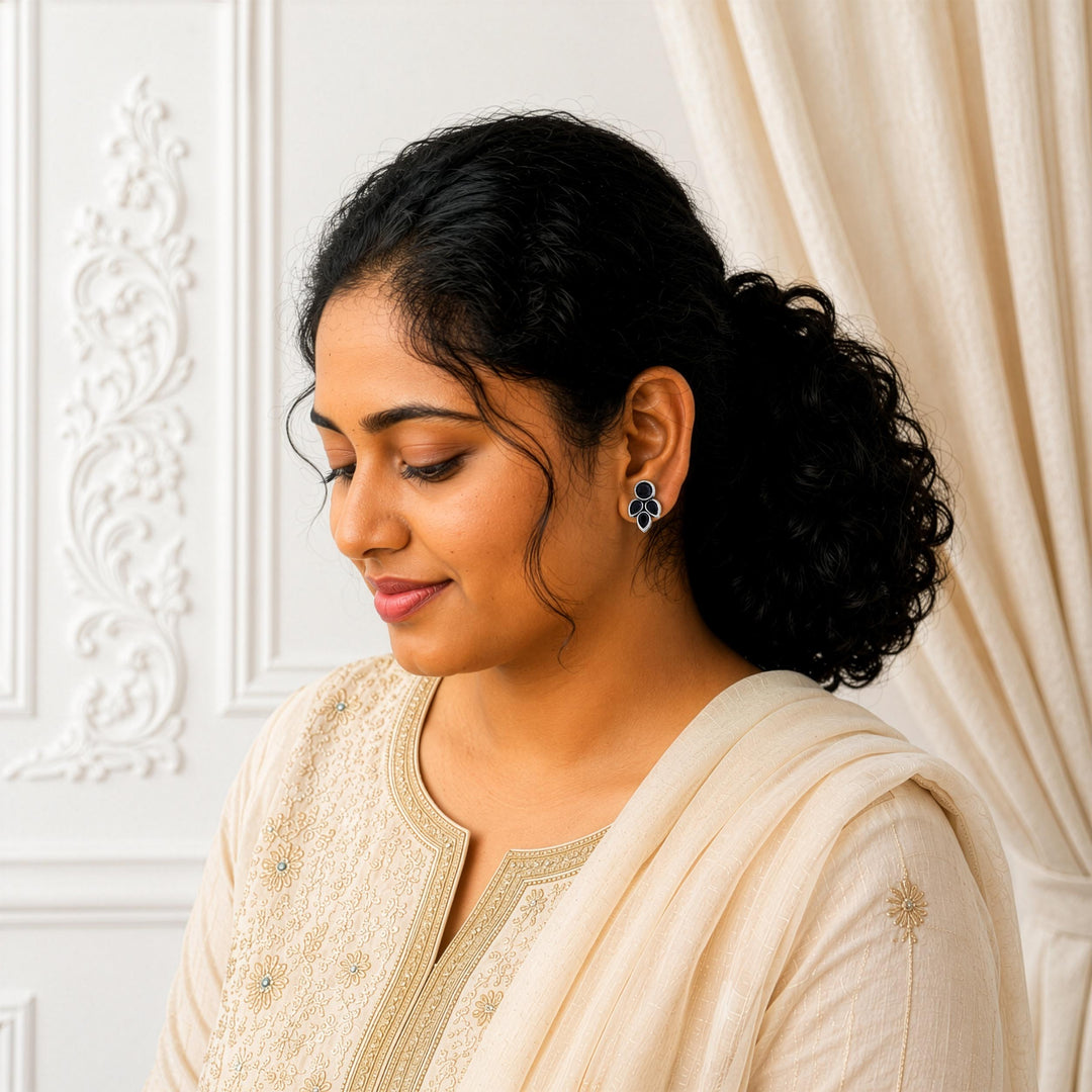 Petal Shaped Stud Earrings with Faceted Stones