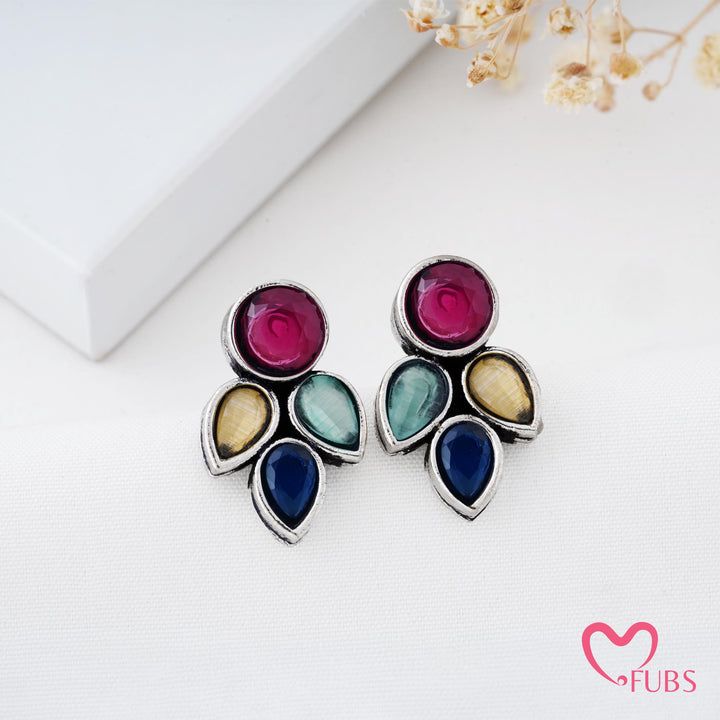 Petal Shaped Stud Earrings with Faceted Stones