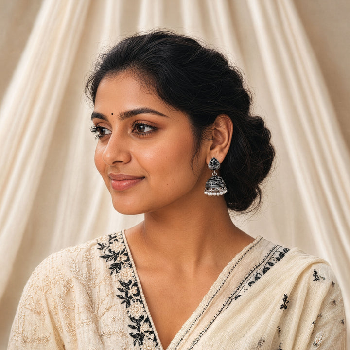 Etched Jhumka Earrings with a Floral Dome