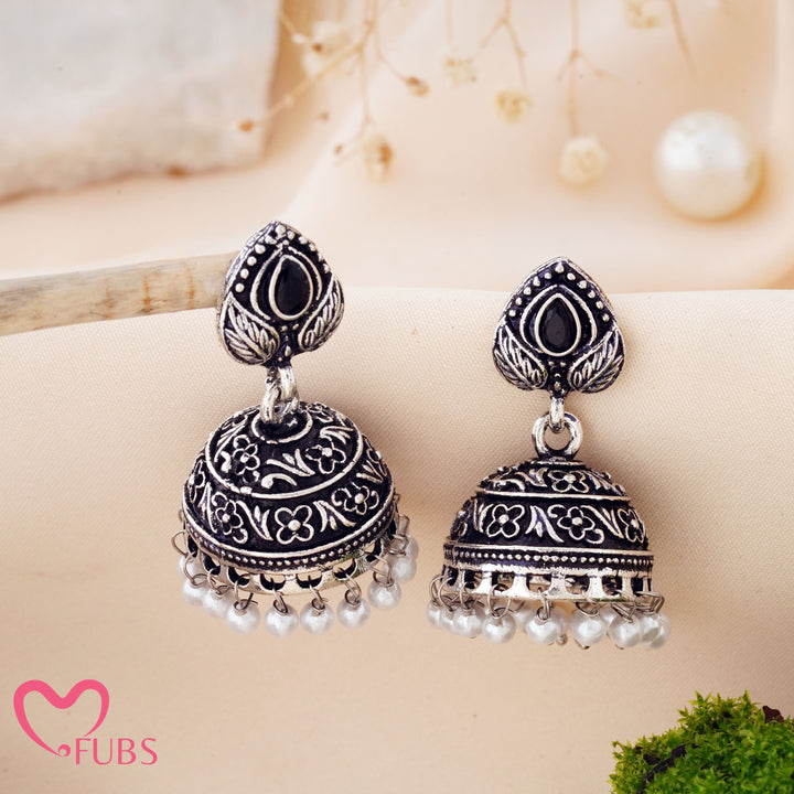 Etched Jhumka Earrings with a Floral Dome