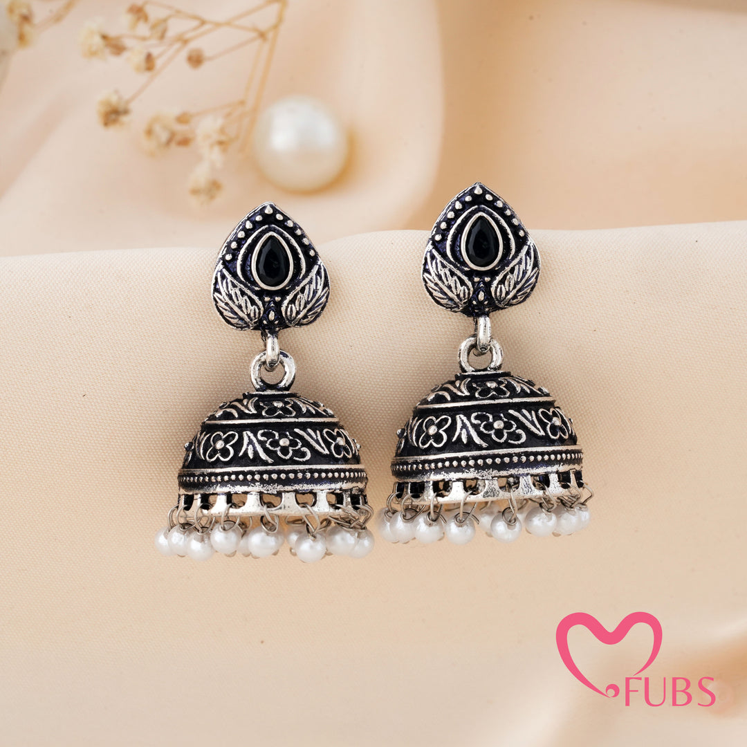 Etched Jhumka Earrings with a Floral Dome