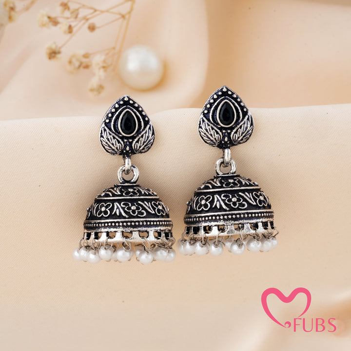 Etched Jhumka Earrings with a Floral Dome