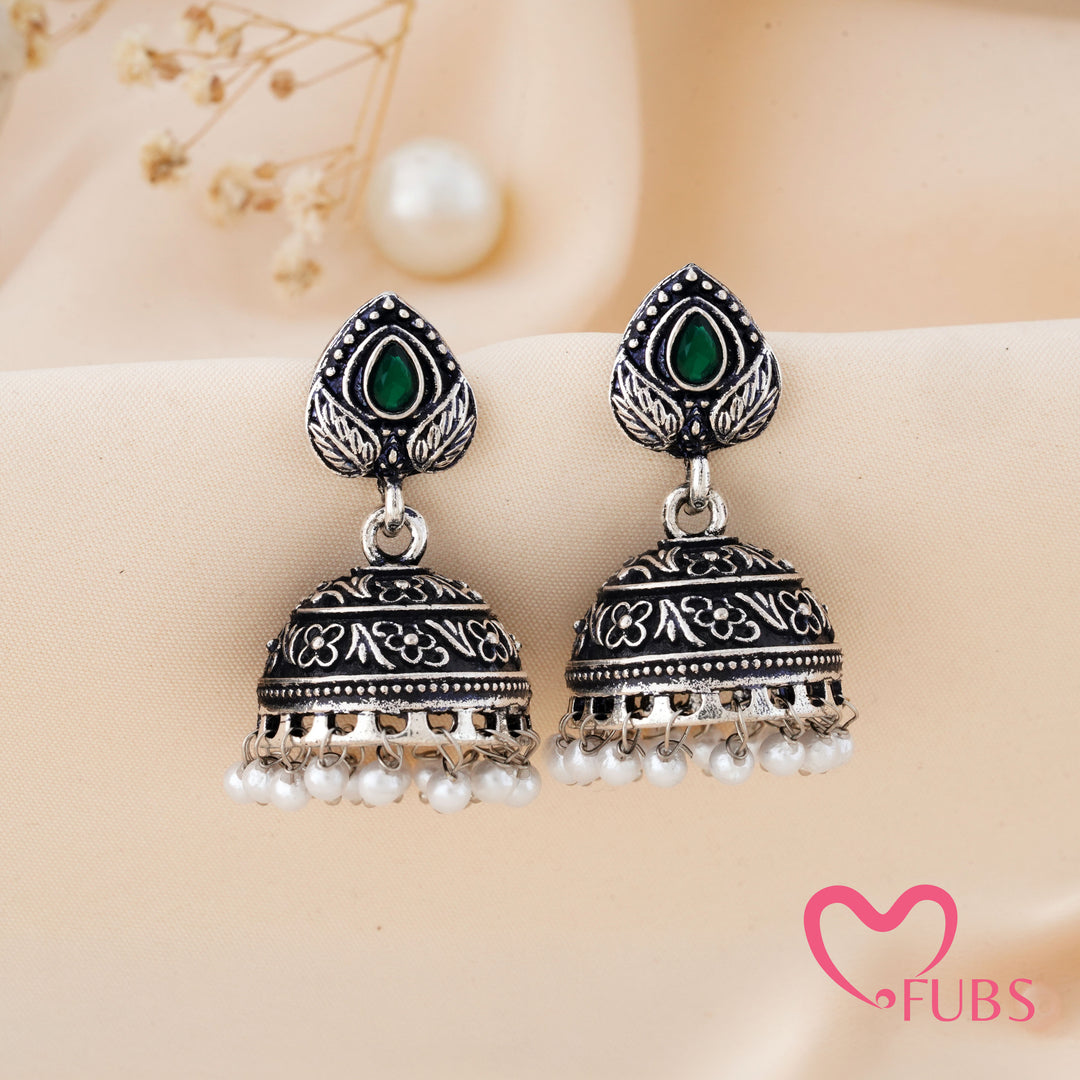 Etched Jhumka Earrings with a Floral Dome