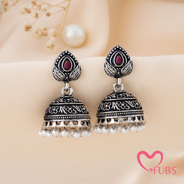 Etched Jhumka Earrings with a Floral Dome