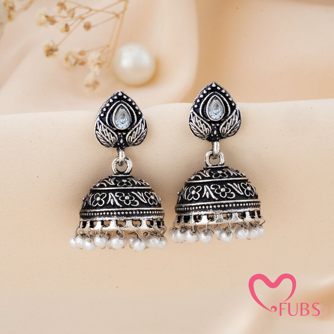 Etched Jhumka Earrings with a Floral Dome