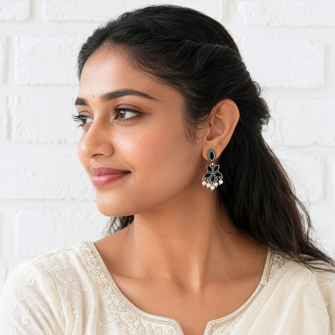 Star Flower Earrings with a Pearl Drape