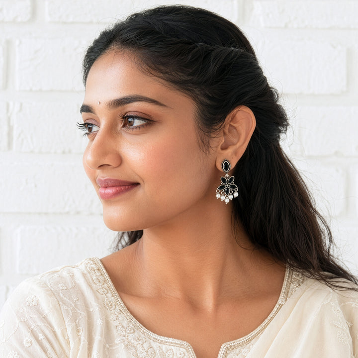 Star Flower Earrings with a Pearl Drape