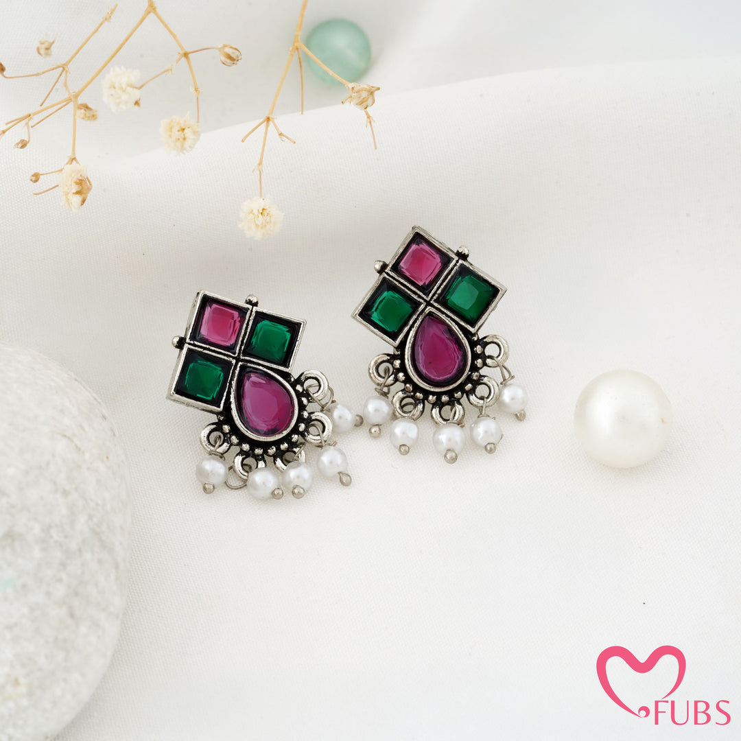 Windowpane Stud Earrings with a Teardrop Base