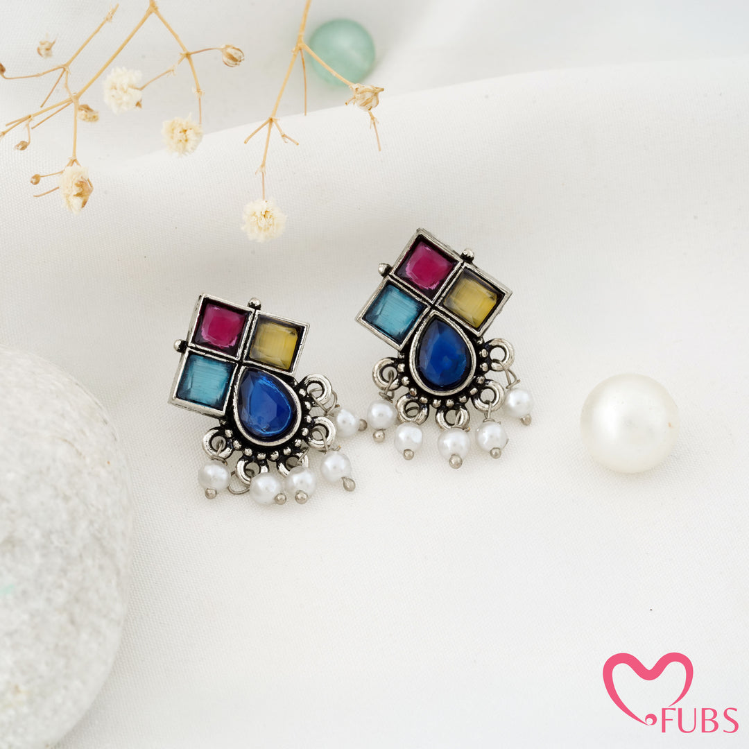 Windowpane Stud Earrings with a Teardrop Base
