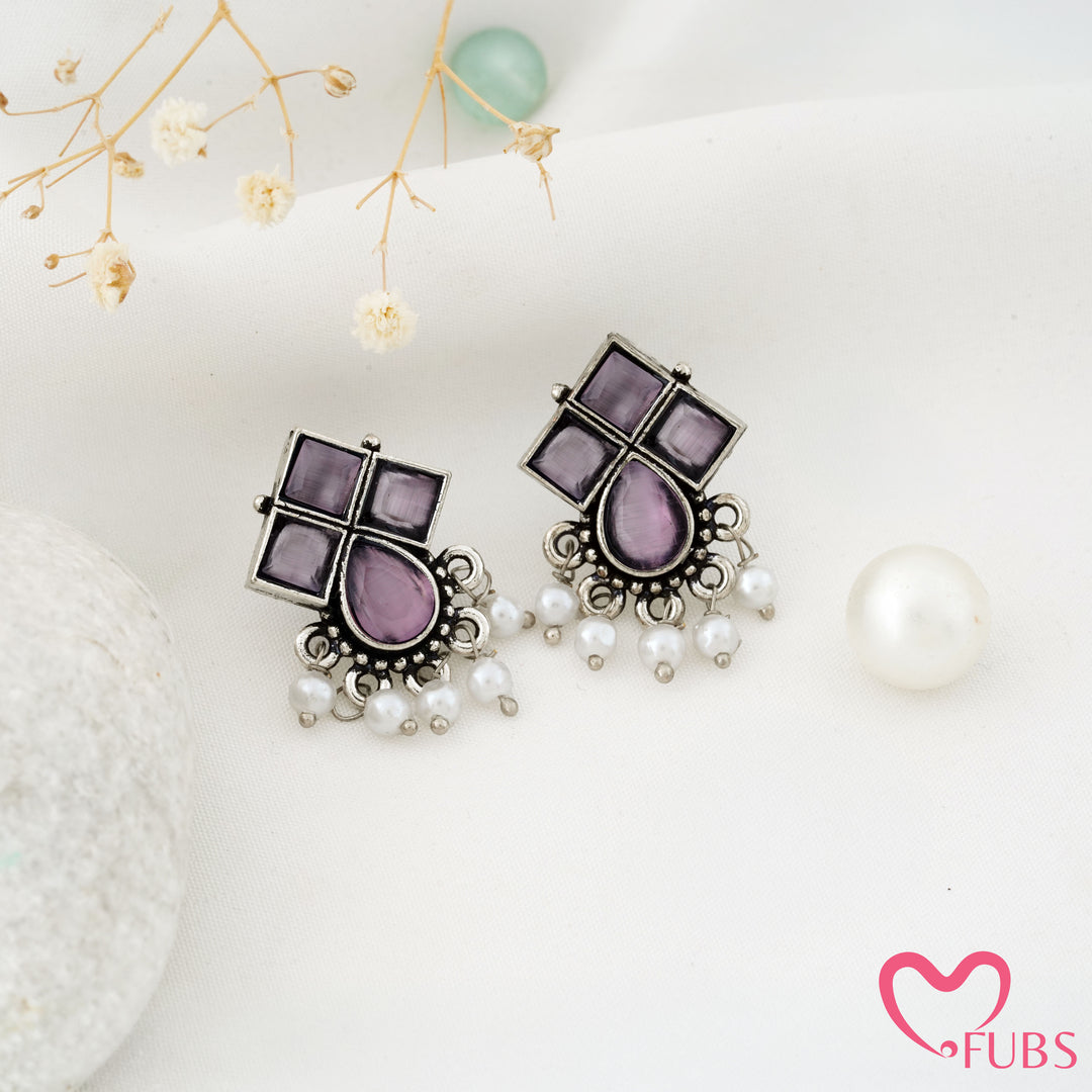 Windowpane Stud Earrings with a Teardrop Base