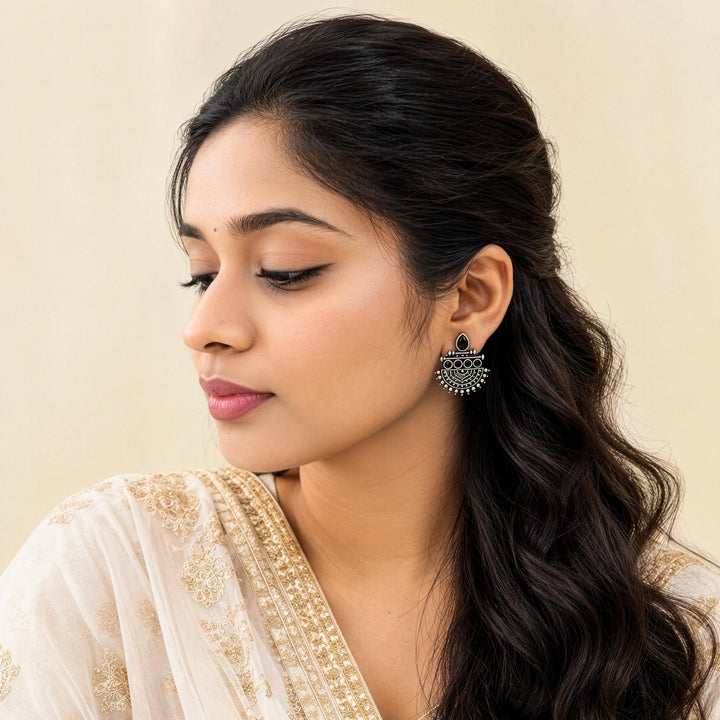 Fan Shaped Stud Earrings with Beaded Border