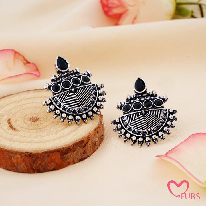 Fan Shaped Stud Earrings with Beaded Border