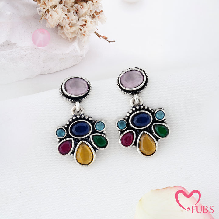 Oval Top Cluster Motif Drop Earrings with Teardrop Details