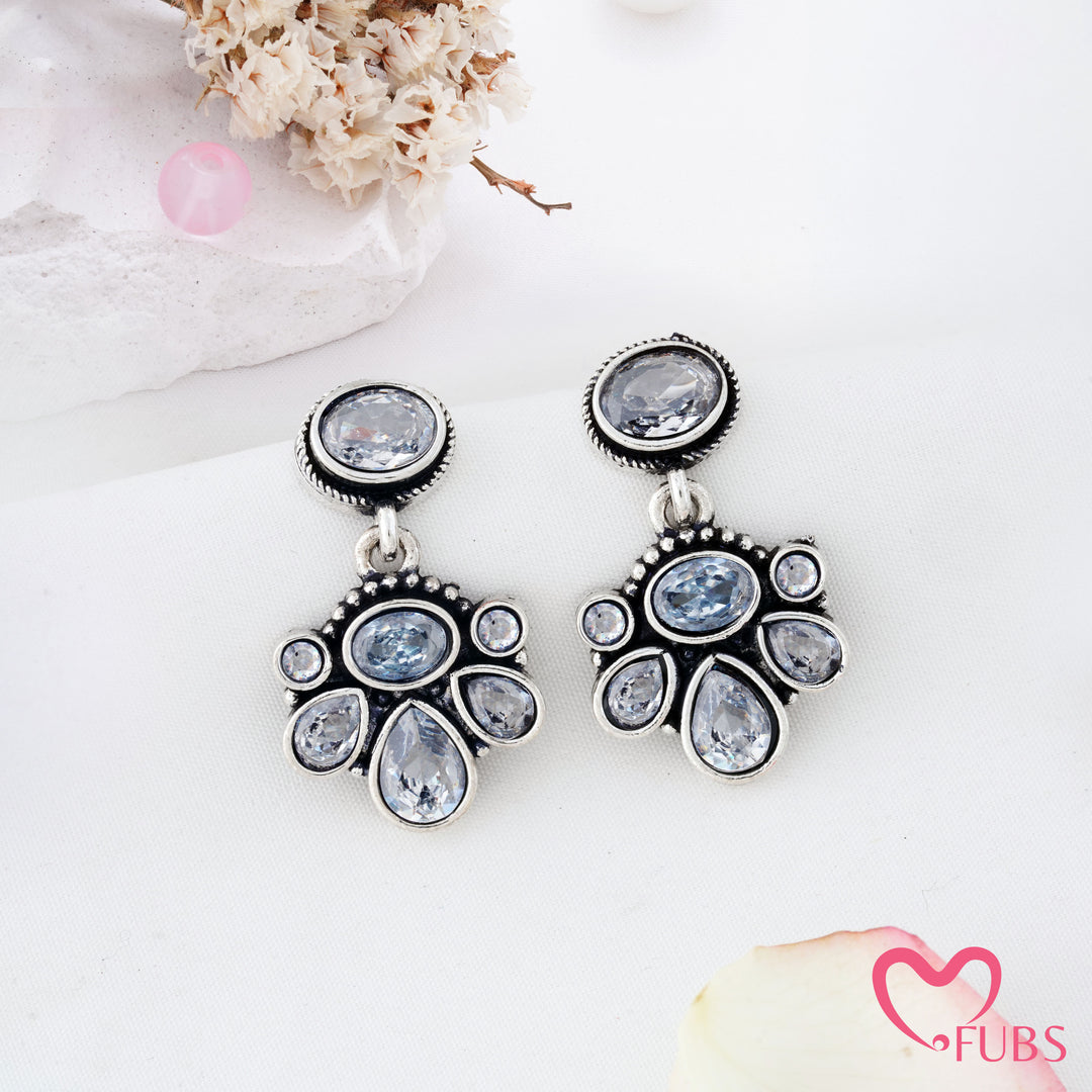 Oval Top Cluster Motif Drop Earrings with Teardrop Details