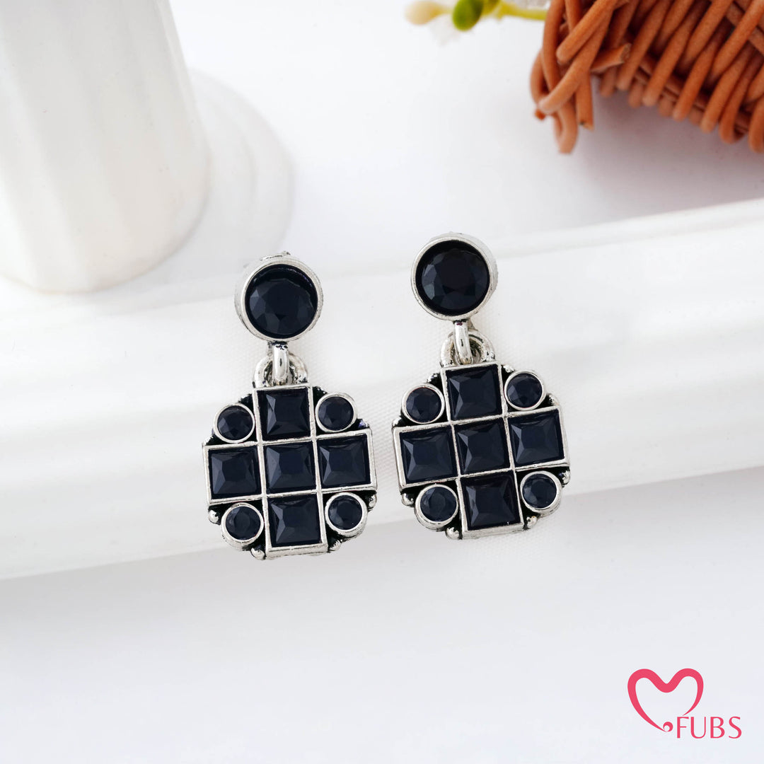 Grid Pattern Stud Earrings with Studded Squares