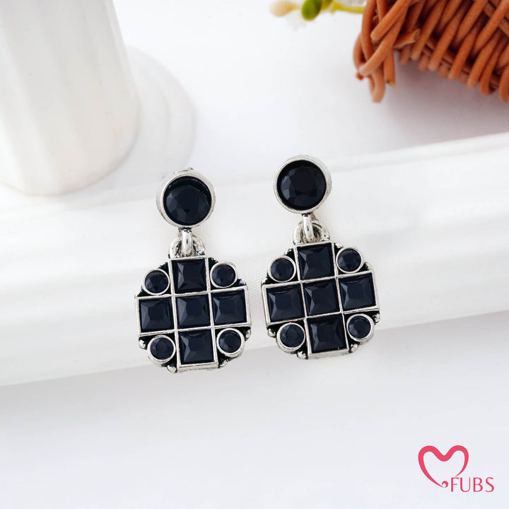 Grid Pattern Stud Earrings with Studded Squares