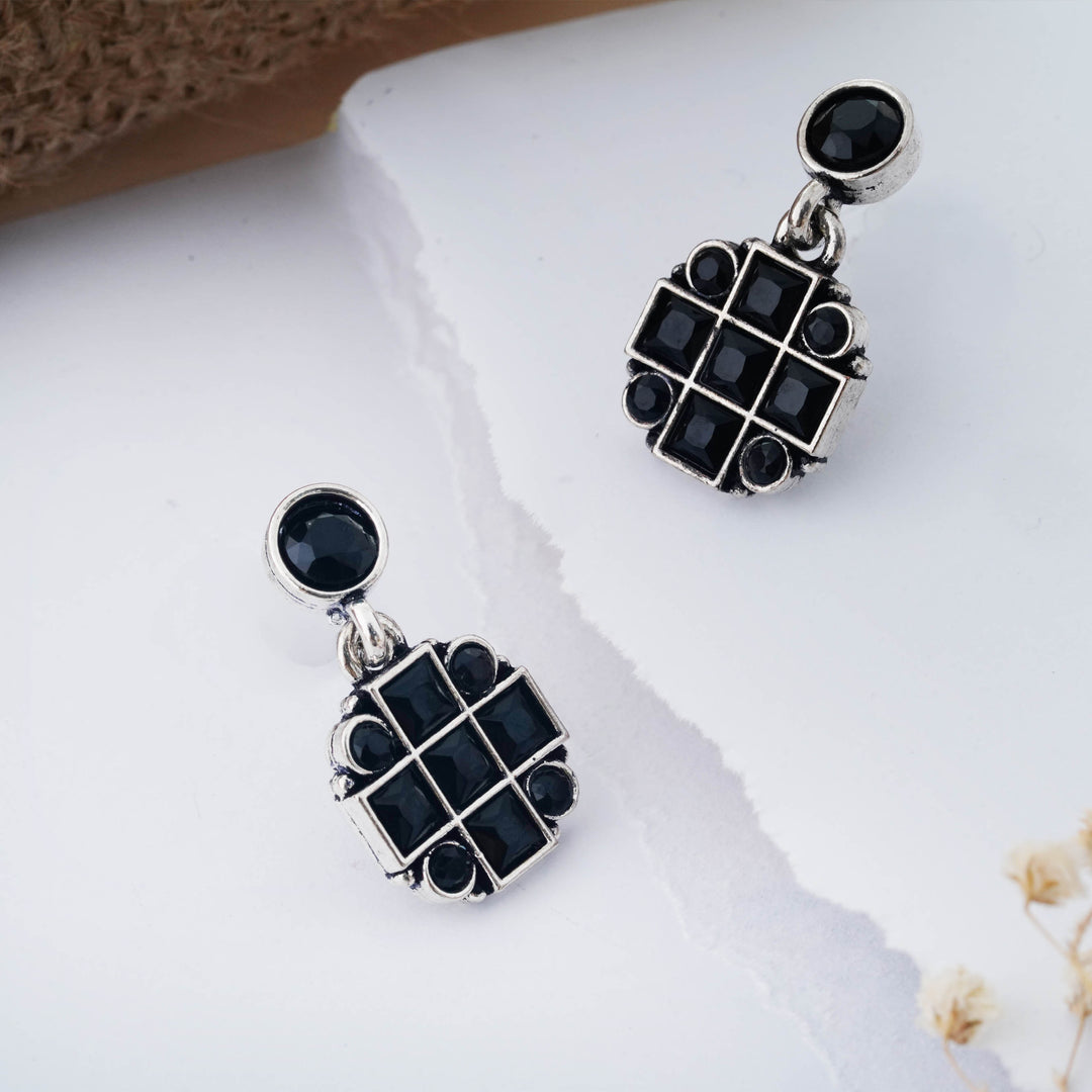 Grid Pattern Stud Earrings with Studded Squares