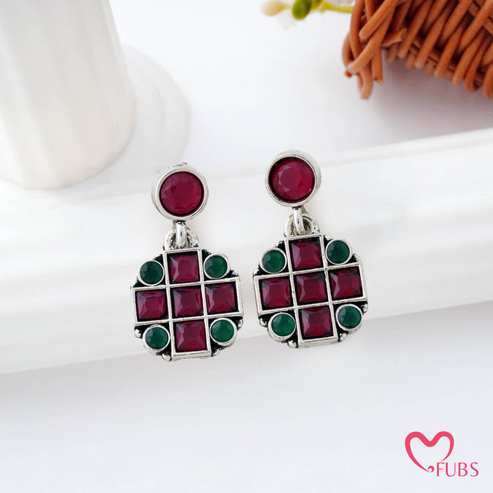 Grid Pattern Stud Earrings with Studded Squares