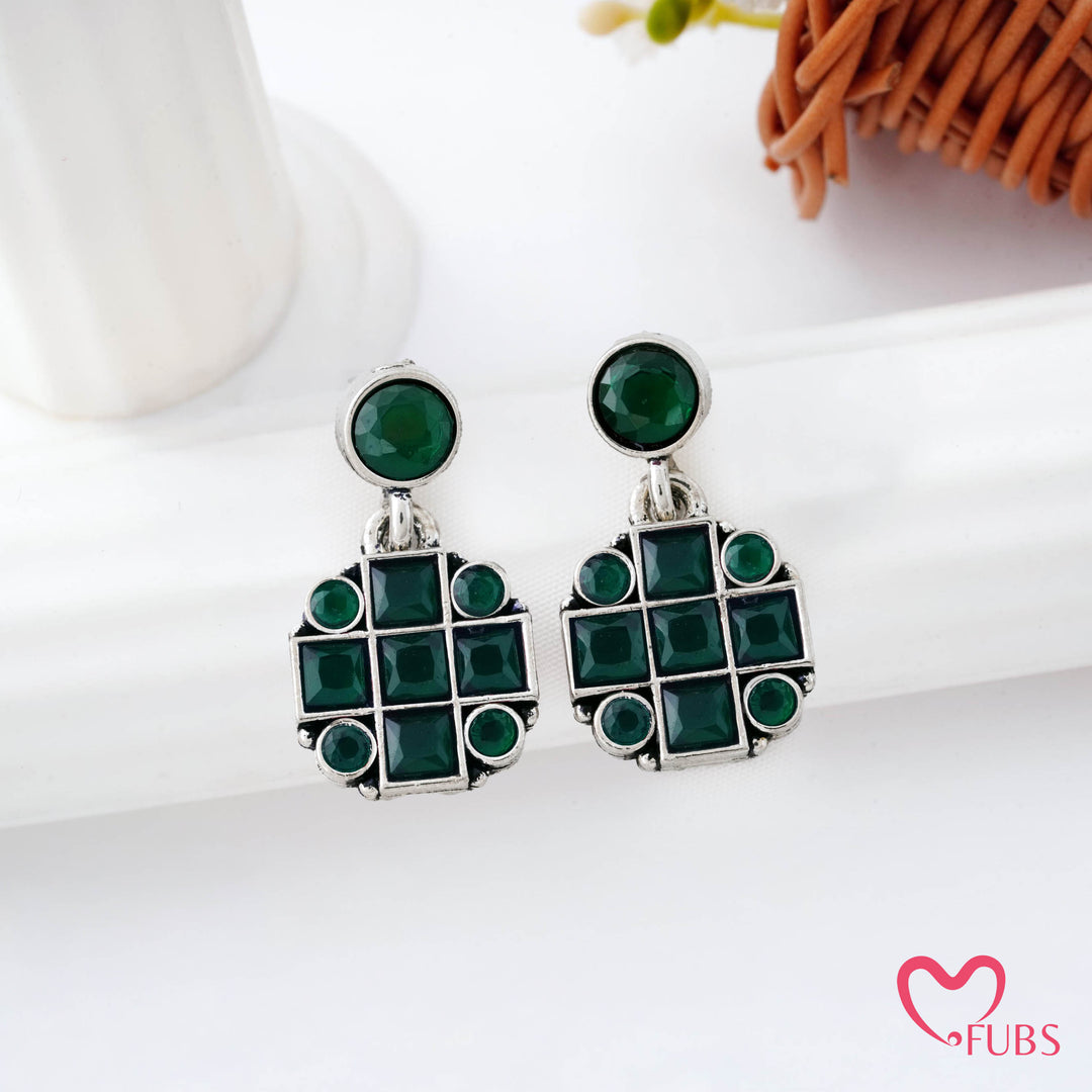 Grid Pattern Stud Earrings with Studded Squares
