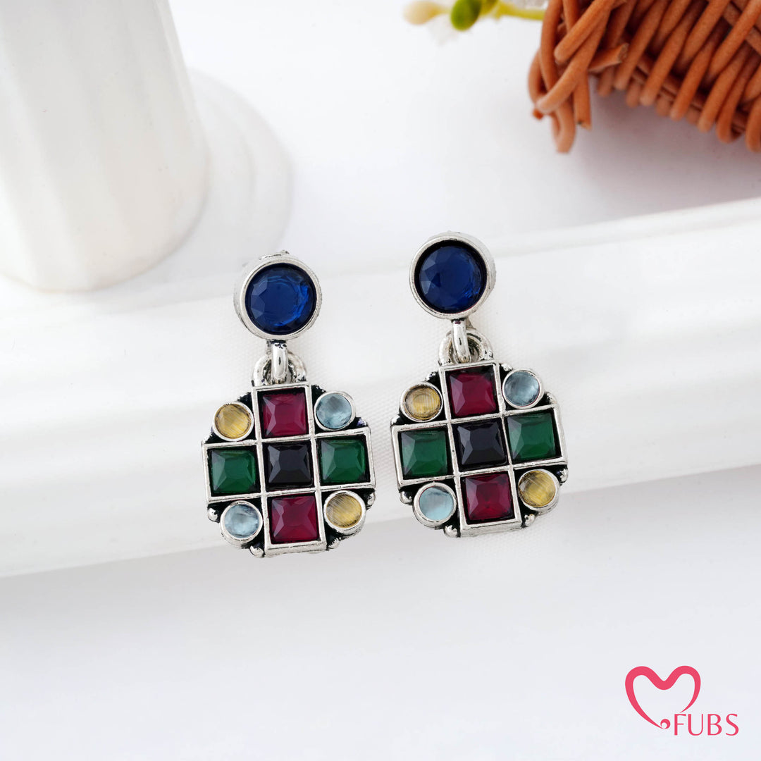 Grid Pattern Stud Earrings with Studded Squares