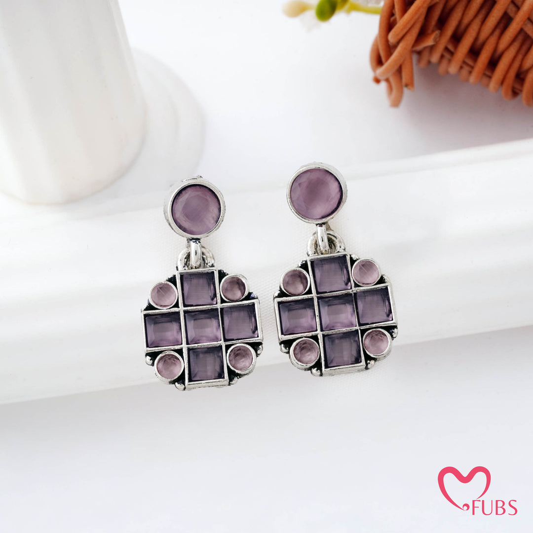 Grid Pattern Stud Earrings with Studded Squares