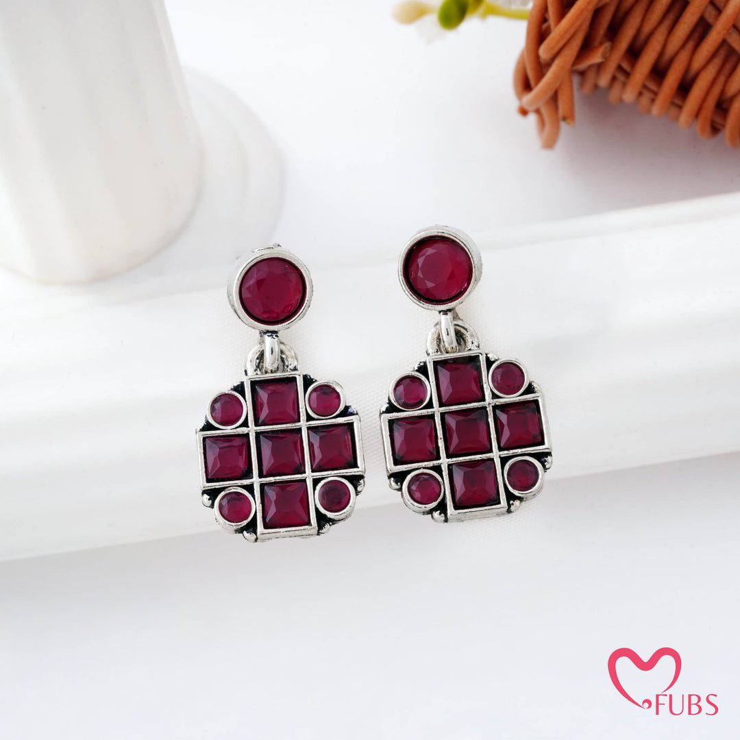 Grid Pattern Stud Earrings with Studded Squares