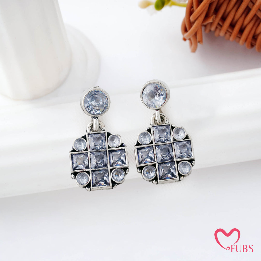 Grid Pattern Stud Earrings with Studded Squares