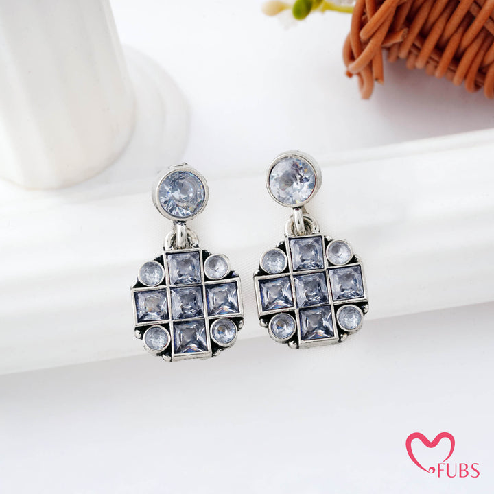 Grid Pattern Stud Earrings with Studded Squares