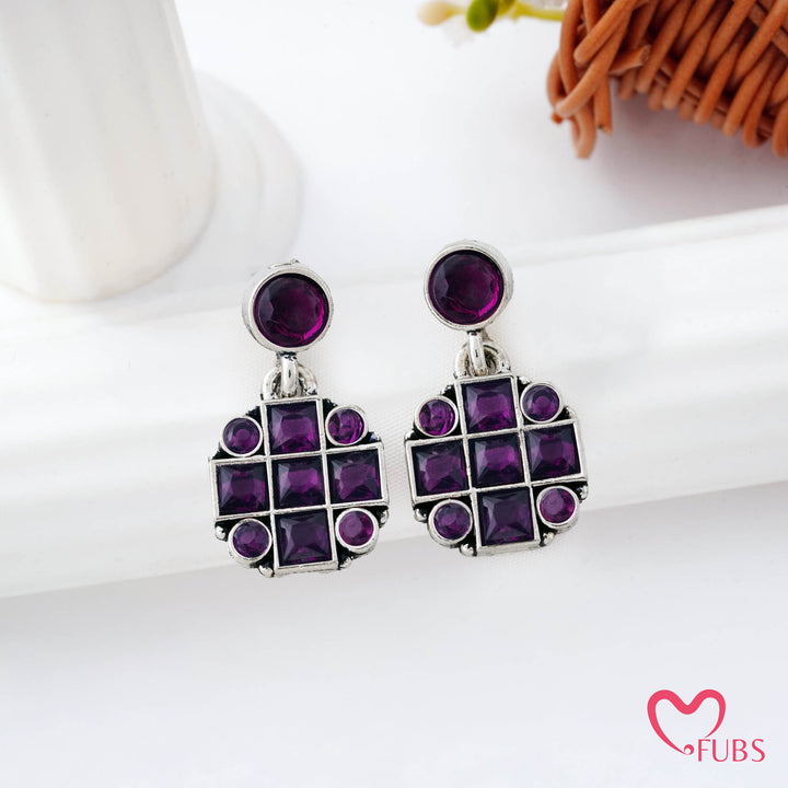 Grid Pattern Stud Earrings with Studded Squares
