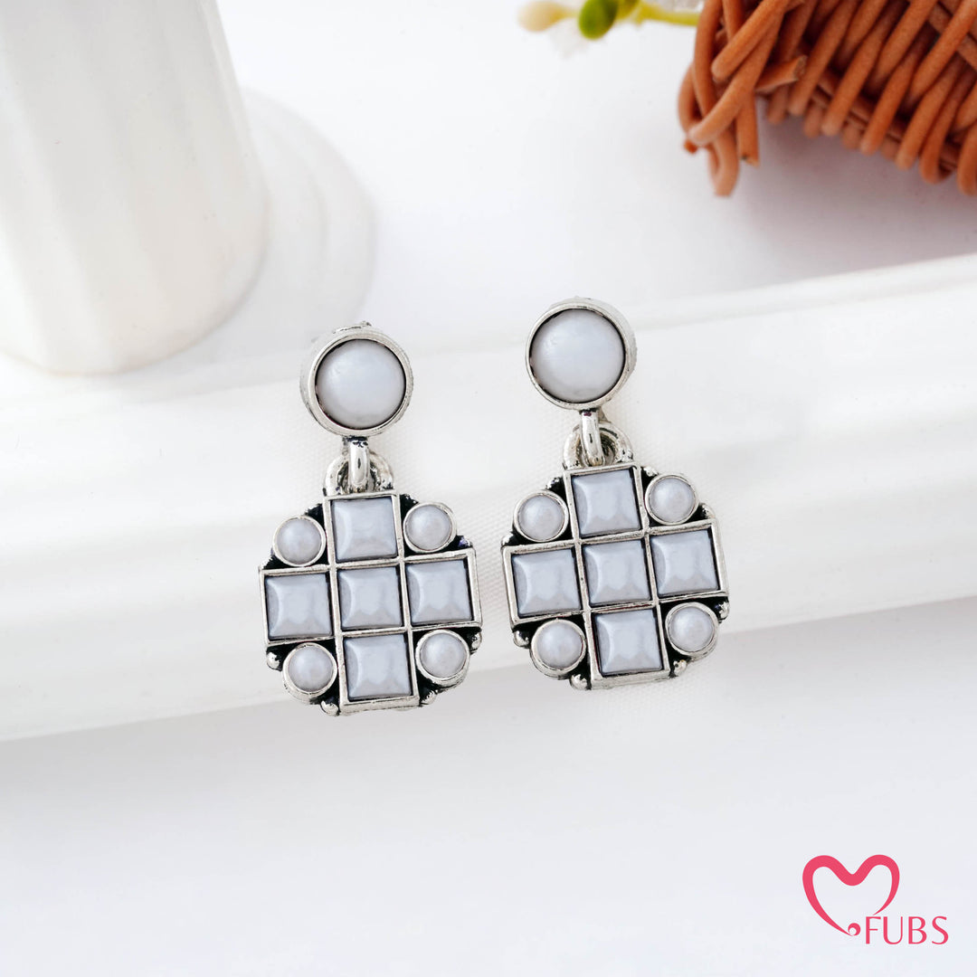 Grid Pattern Stud Earrings with Studded Squares