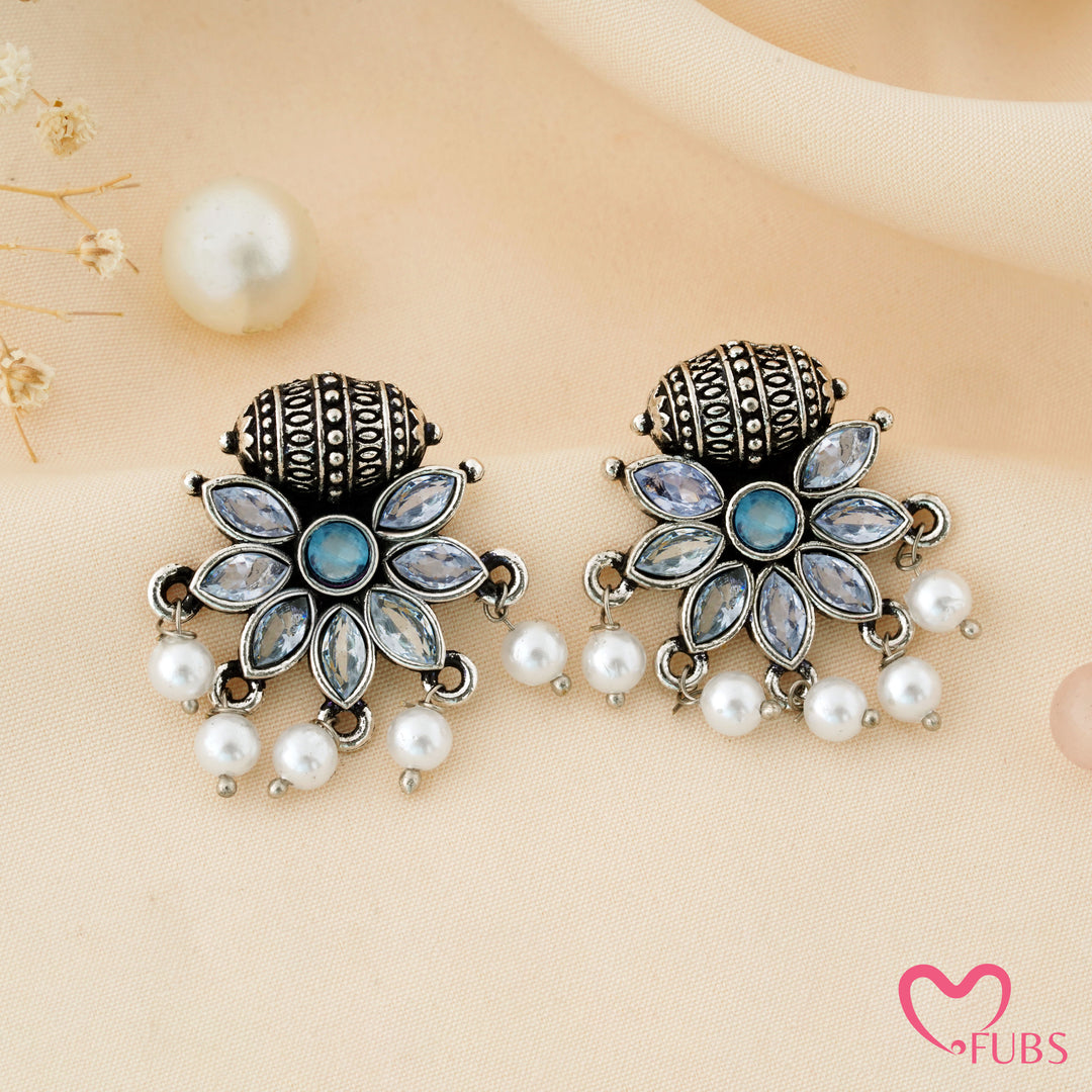 Flower Stud Earrings with a Carved Bead Top