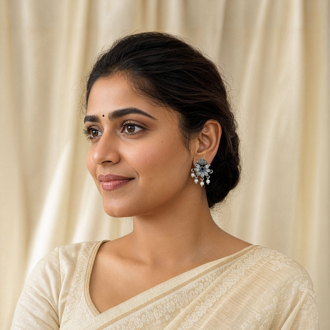 Flower Stud Earrings with a Carved Bead Top
